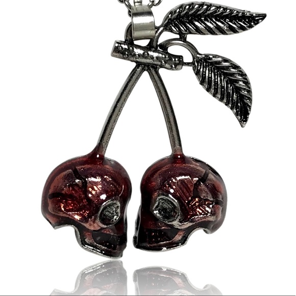 Gothic Punk Red Skull Cherry Pendant Necklace - Picture 3 of 4